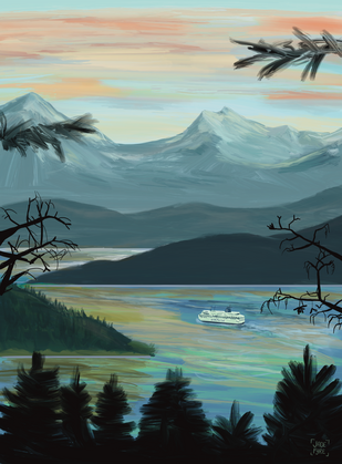 BC Ferries at Sunset A scenic view of mountains and gulf islands with a BC Ferries vessel sailing between them.