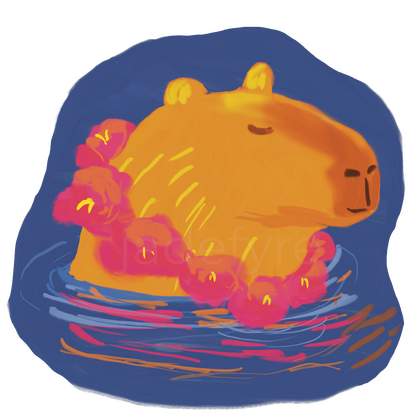 Happy Capy A content capybara in water with a lei around its neck